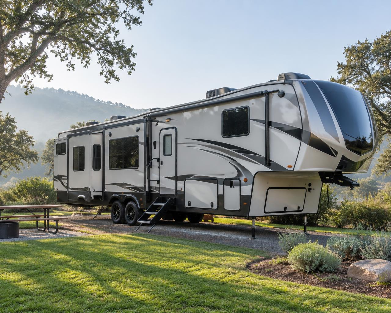 Fifth wheel RV parked at a landscaped campsite